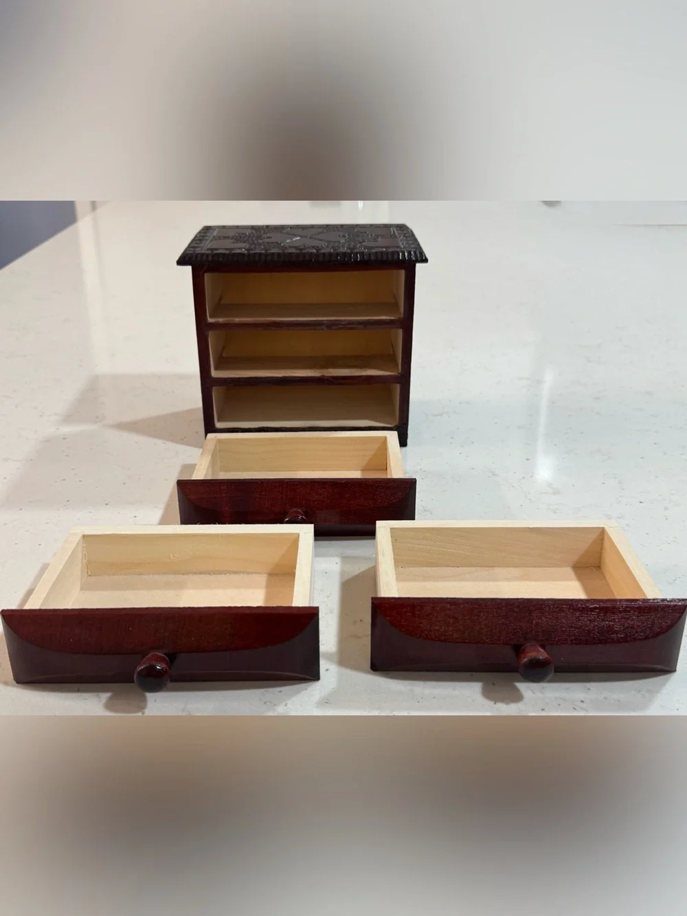 Miniature Wooden 3 Drawer Jewelry Box Heart Design